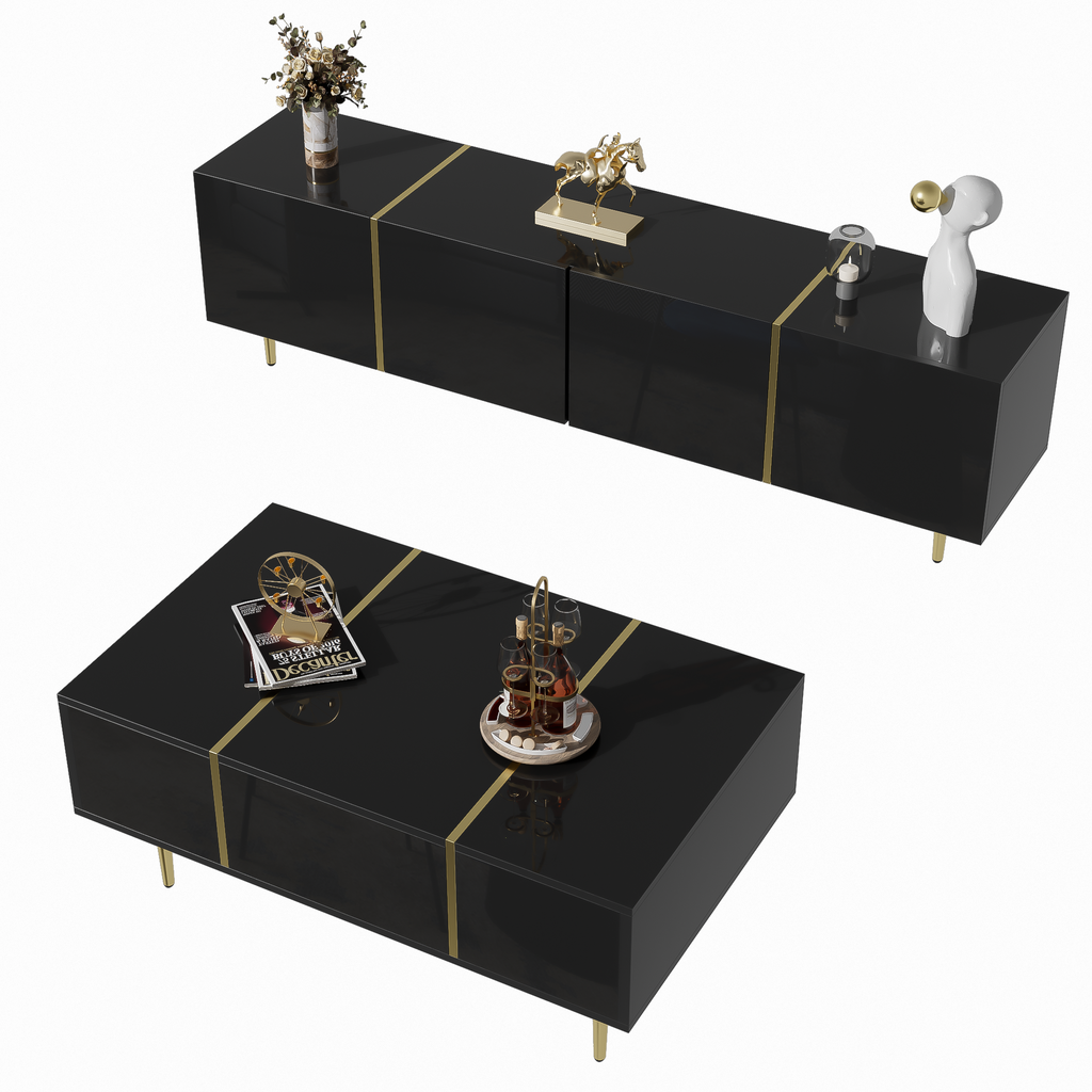 Glowhaus Noir black high gloss TV unit and coffee table set with gold accents