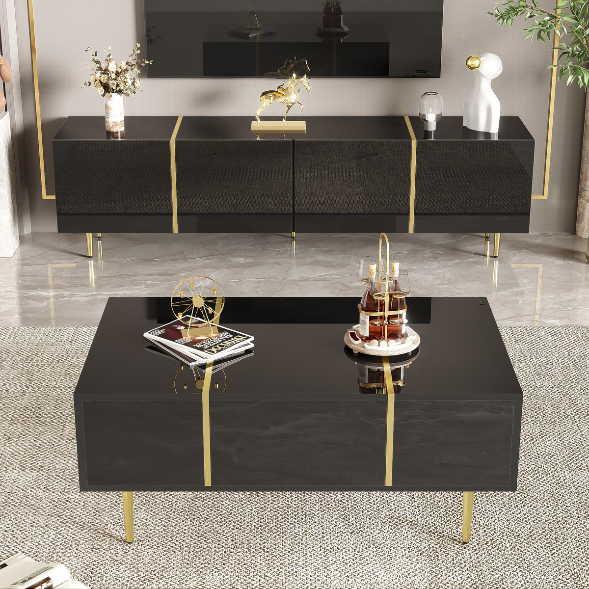 Glowhaus Noir black high gloss TV unit and coffee table set with gold accents