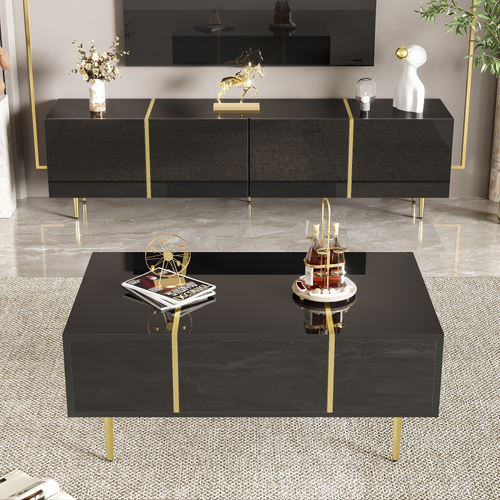 Glowhaus Noir black high gloss TV unit and coffee table set with gold accents