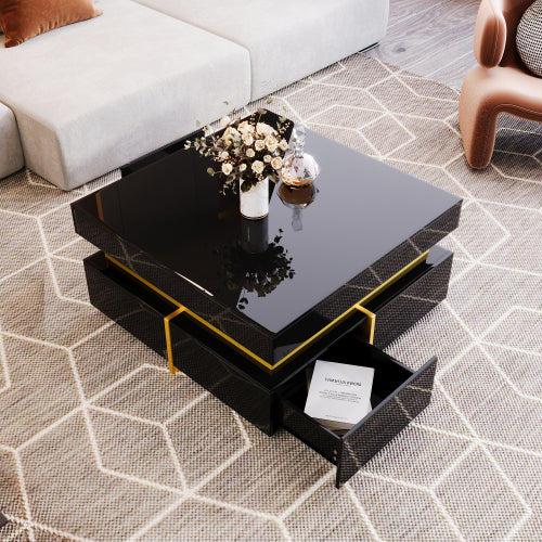 Glowhaus Onyx square coffee table in black high gloss with gold accents