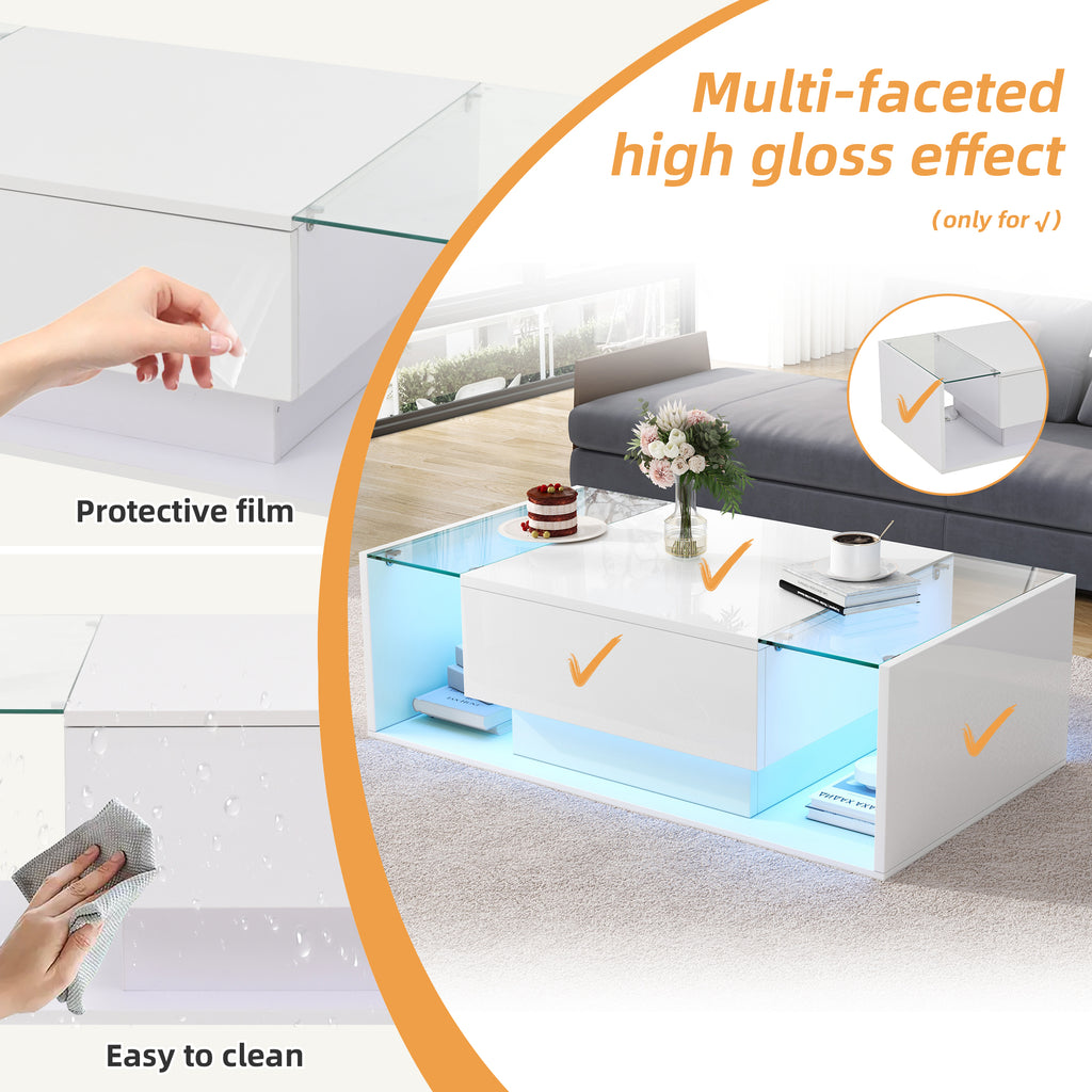 Glowhaus Aura LED coffee table in white high gloss with glass top