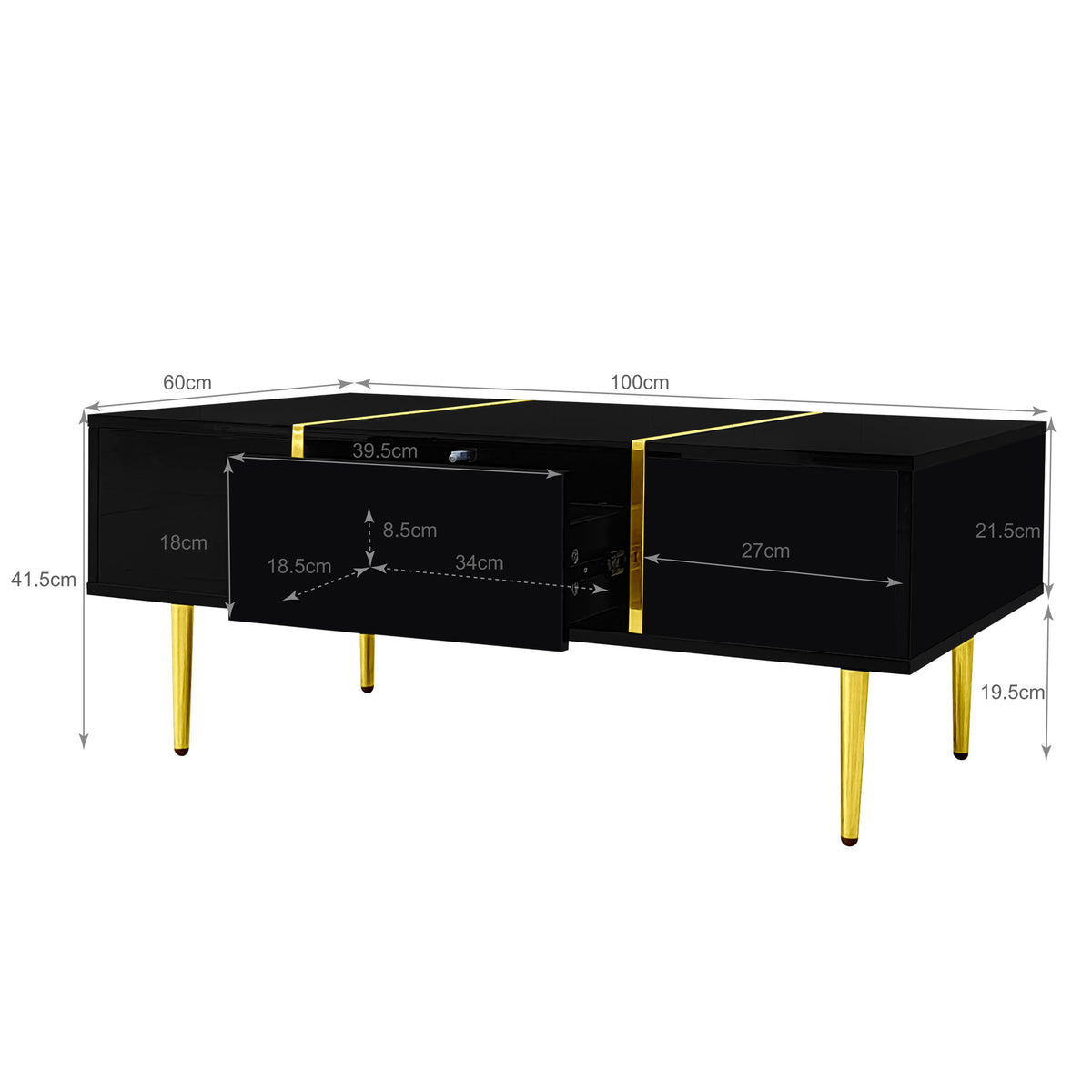 Glowhaus Noir black high gloss TV unit and coffee table set with gold accents