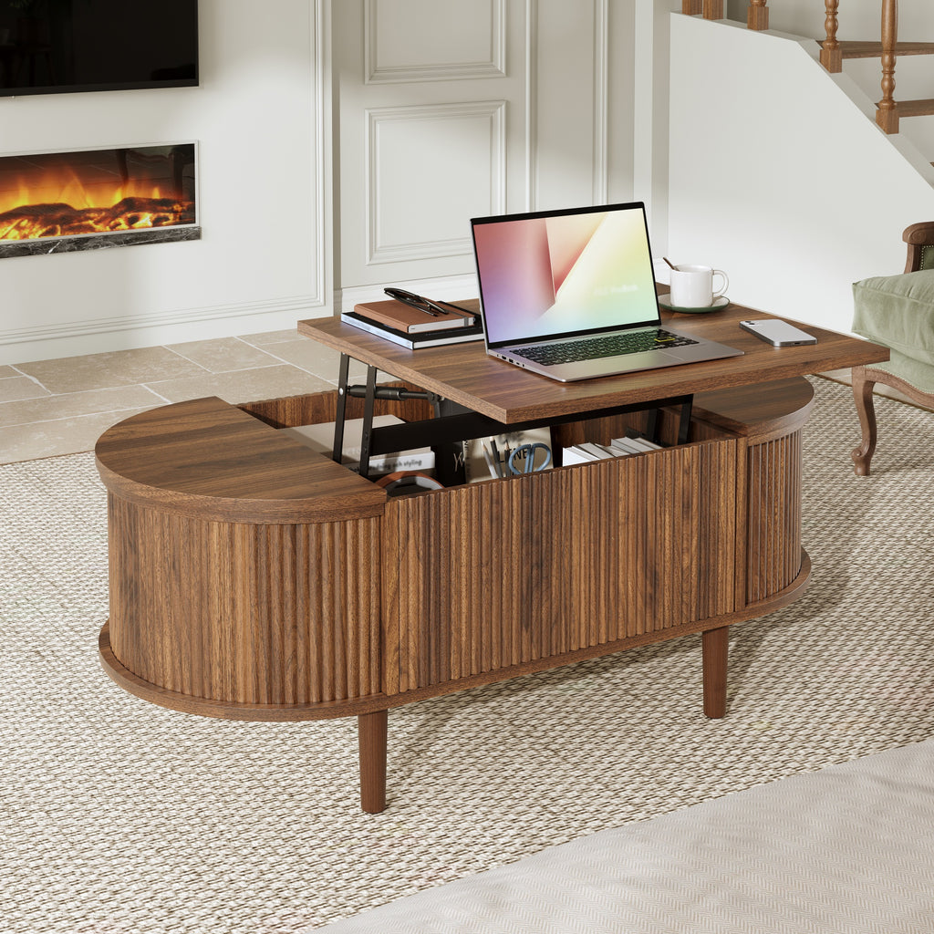 Glowhaus Hazel oval lift-top coffee table in walnut with fluted panels