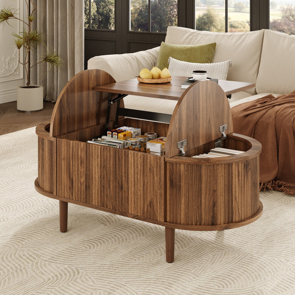 Glowhaus Hazel oval lift-top coffee table in walnut with fluted panels