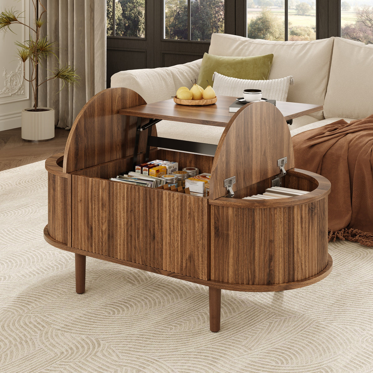 Glowhaus Hazel oval lift-top coffee table in walnut with fluted panels