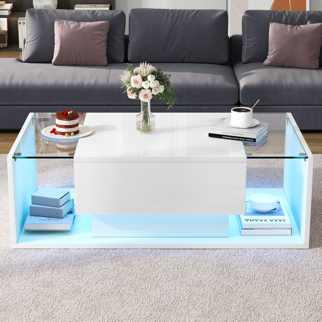 Glowhaus Aura LED coffee table in white high gloss with glass top