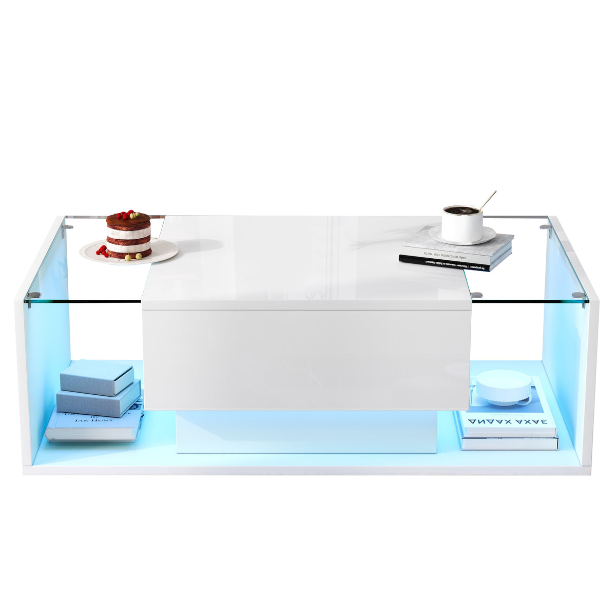 Glowhaus Aura LED coffee table in white high gloss with glass top
