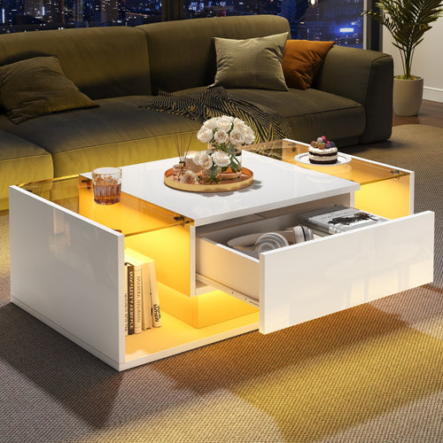 Glowhaus Aura LED coffee table in white high gloss with glass top