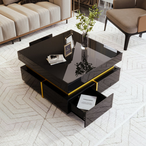 Glowhaus Onyx square coffee table in black high gloss with gold accents