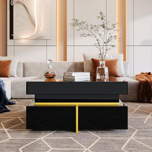 Glowhaus Onyx square coffee table in black high gloss with gold accents