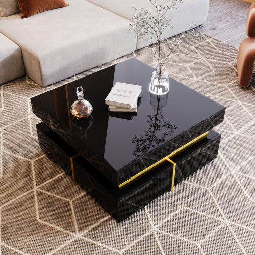 Glowhaus Onyx square coffee table in black high gloss with gold accents