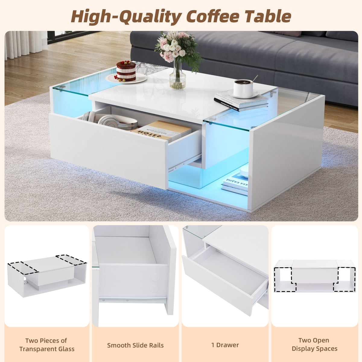Glowhaus Aura LED coffee table in white high gloss with glass top
