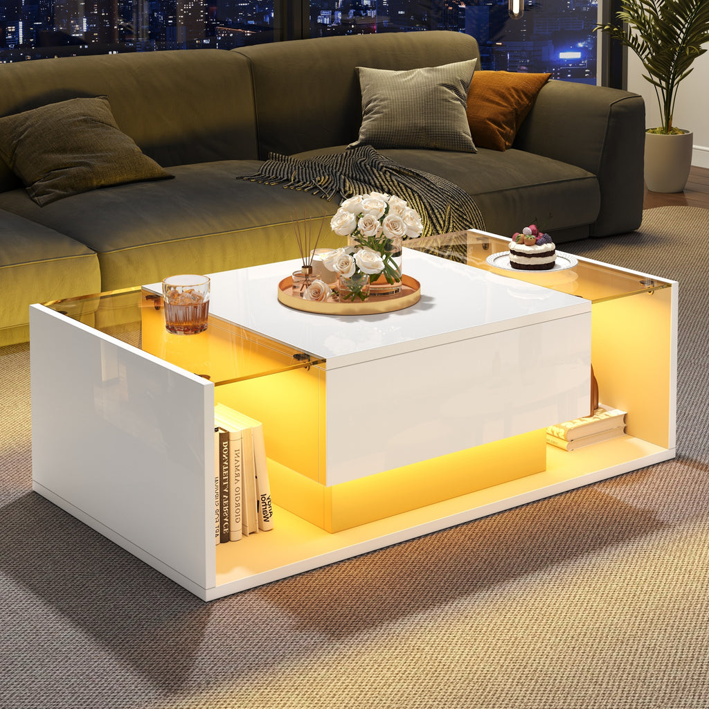 Glowhaus Aura LED coffee table in white high gloss with glass top
