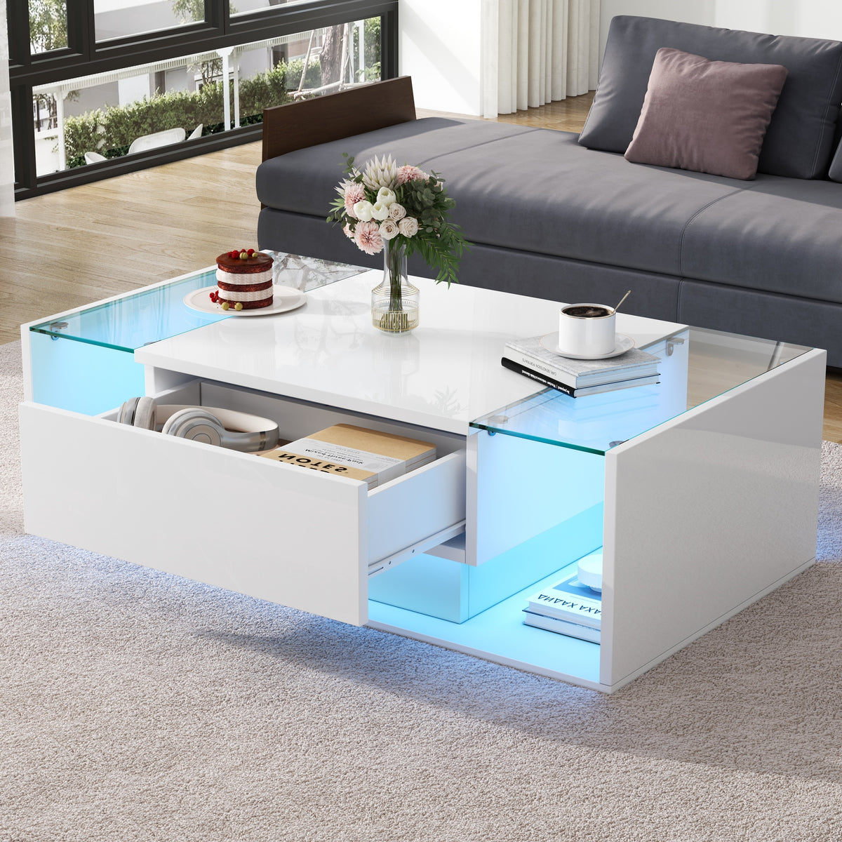 Glowhaus Aura LED coffee table in white high gloss with glass top