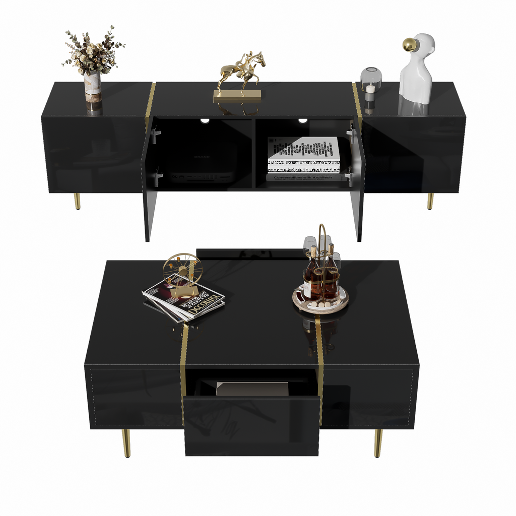 Glowhaus Noir black high gloss TV unit and coffee table set with gold accents