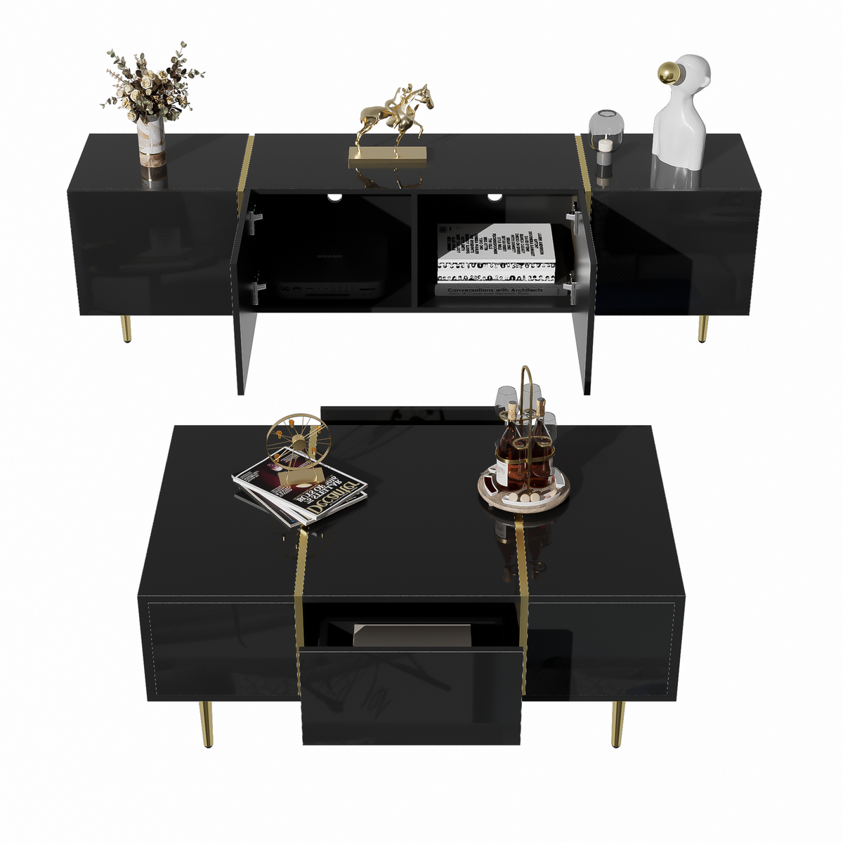 Glowhaus Noir black high gloss TV unit and coffee table set with gold accents
