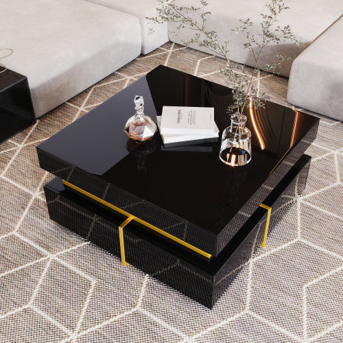 Glowhaus Onyx square coffee table in black high gloss with gold accents