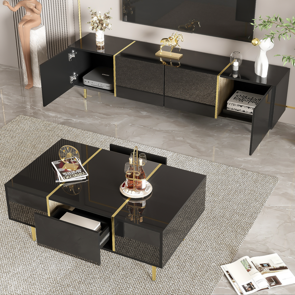 Glowhaus Noir black high gloss TV unit and coffee table set with gold accents