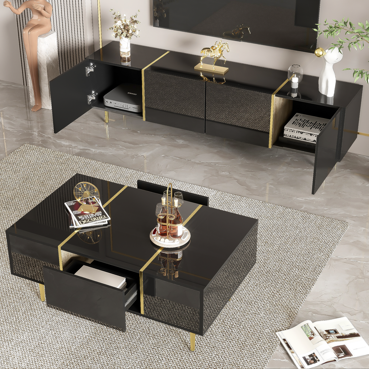Glowhaus Noir black high gloss TV unit and coffee table set with gold accents