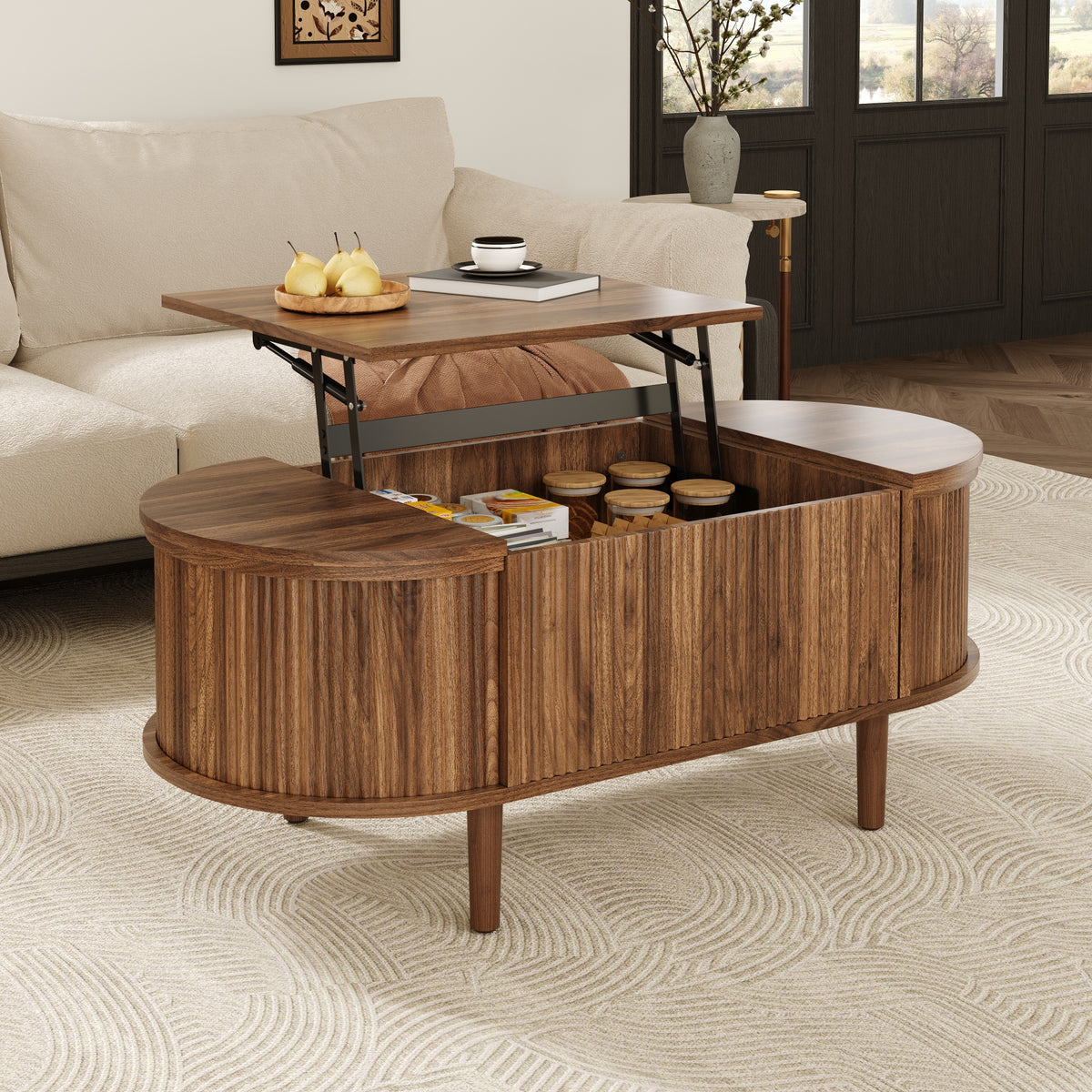 Glowhaus Hazel oval lift-top coffee table in walnut with fluted panels