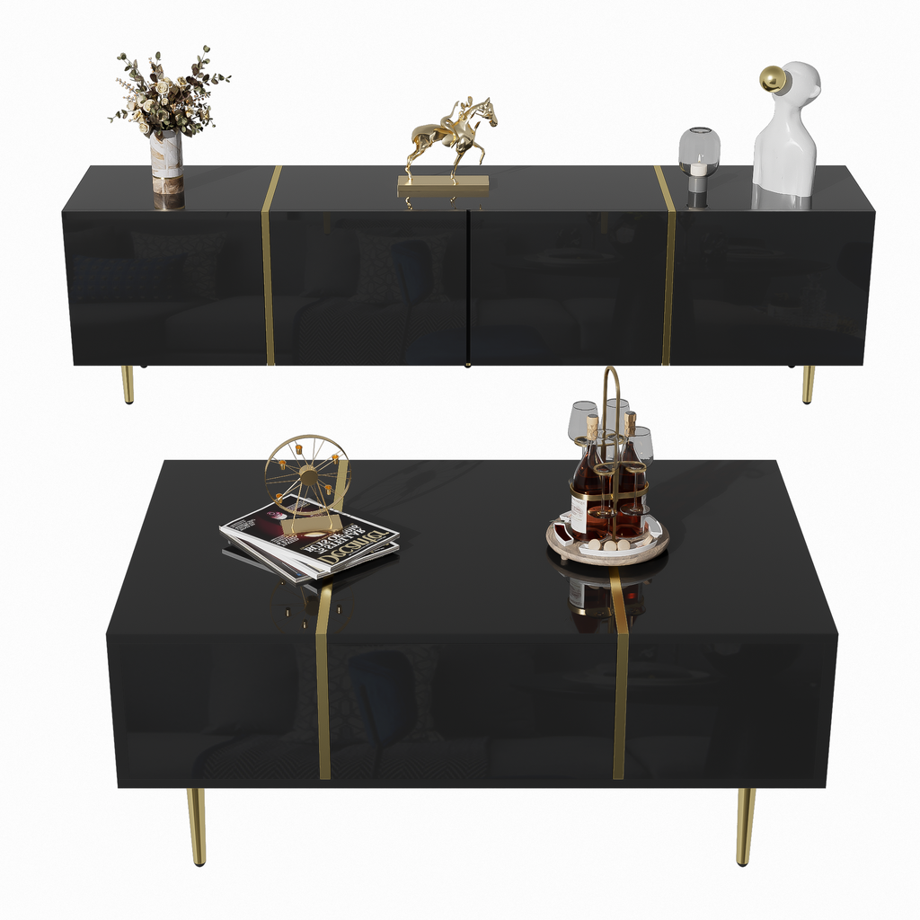 Glowhaus Noir black high gloss TV unit and coffee table set with gold accents