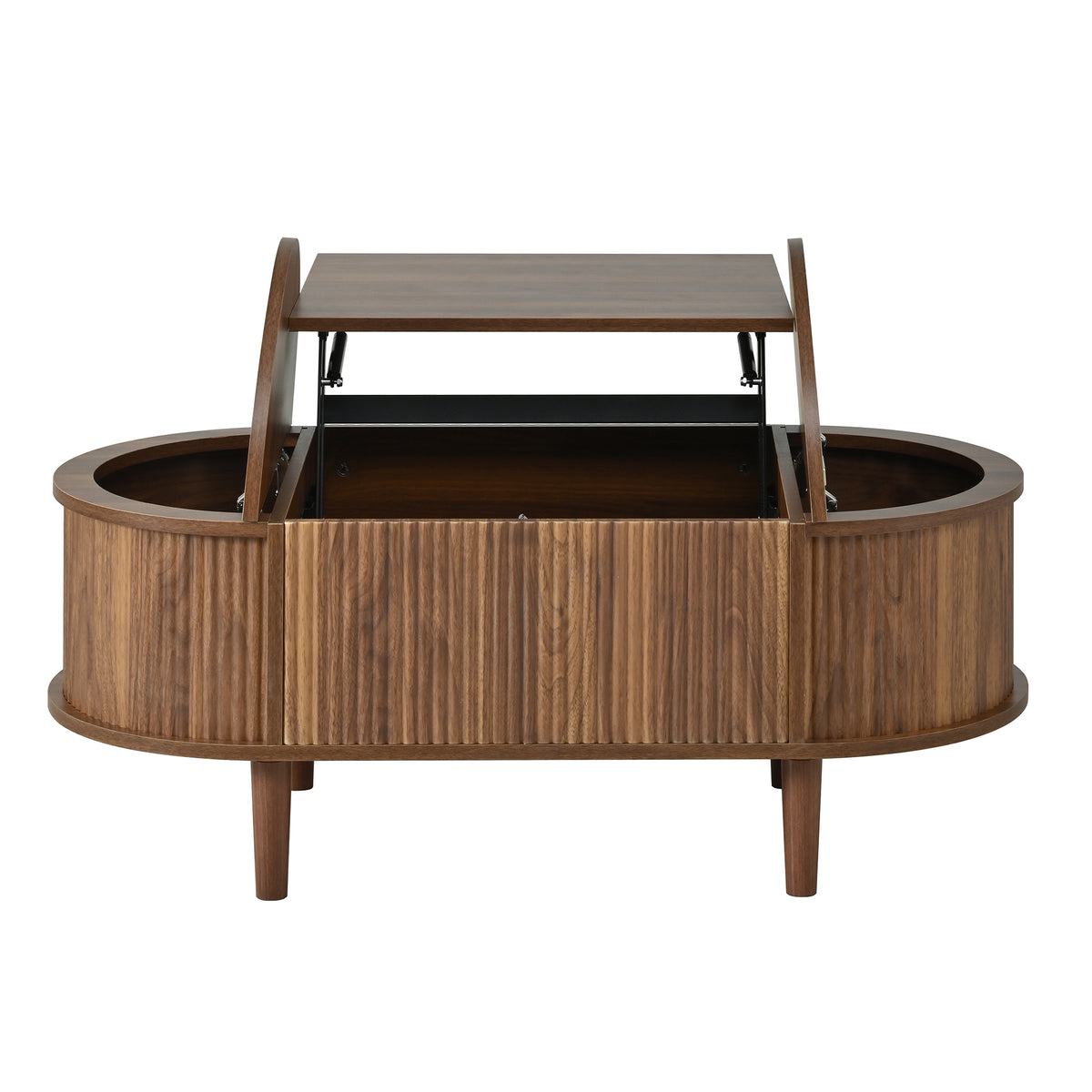 Glowhaus Hazel oval lift-top coffee table in walnut with fluted panels