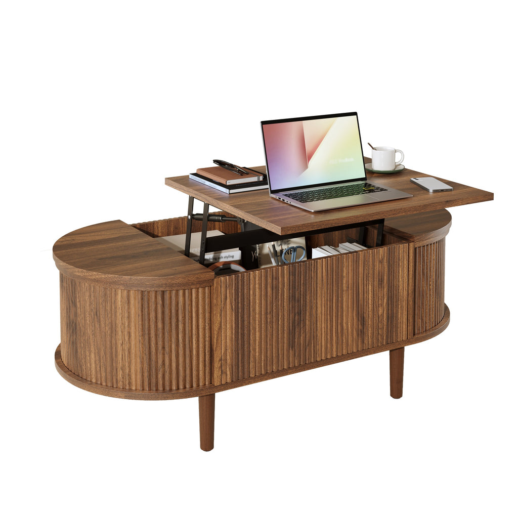 Glowhaus Hazel oval lift-top coffee table in walnut with fluted panels
