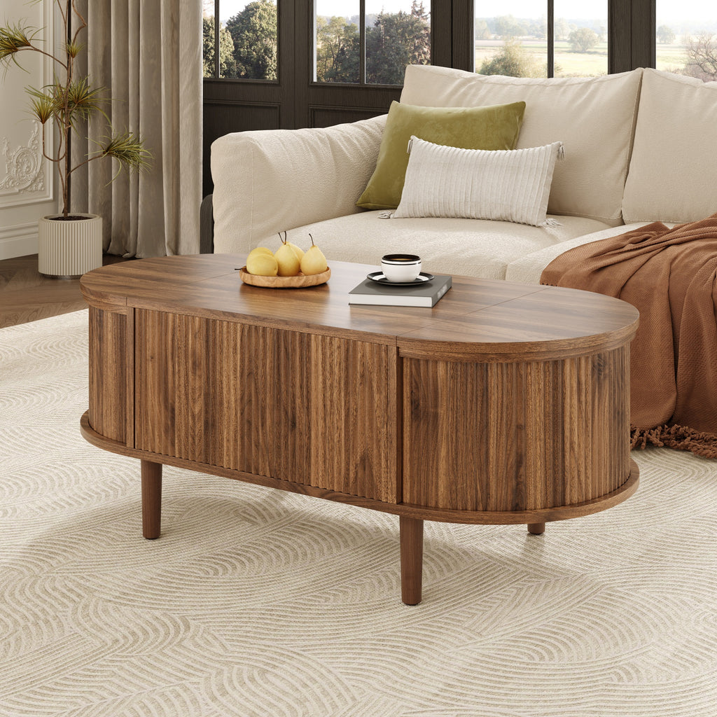 Glowhaus Hazel oval lift-top coffee table in walnut with fluted panels
