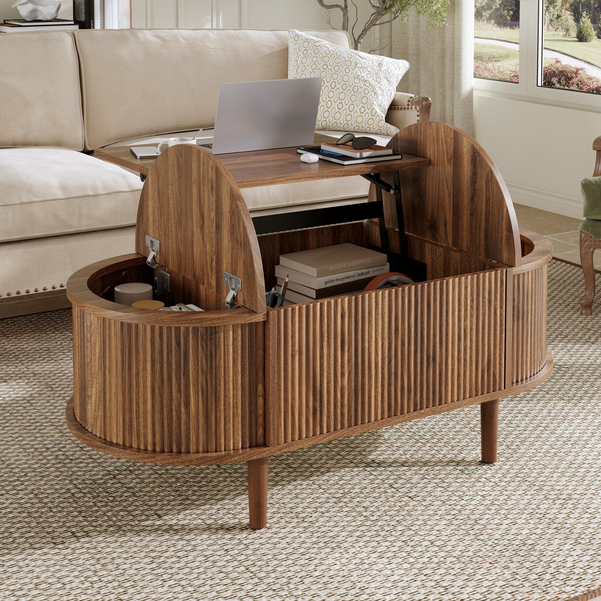 Glowhaus Hazel oval lift-top coffee table in walnut with fluted panels