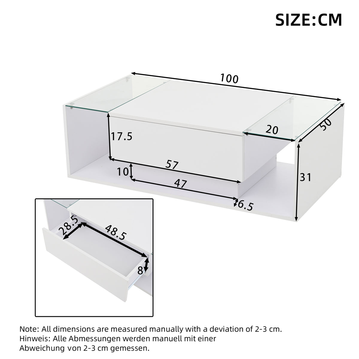 Glowhaus Aura LED coffee table in white high gloss with glass top