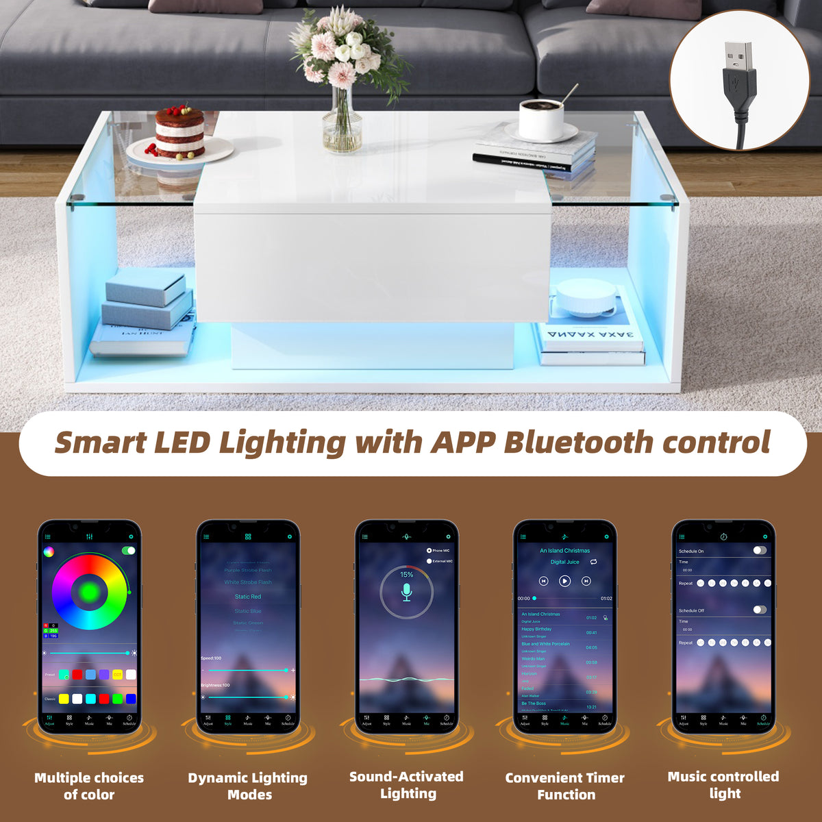 Glowhaus Aura LED coffee table in white high gloss with glass top