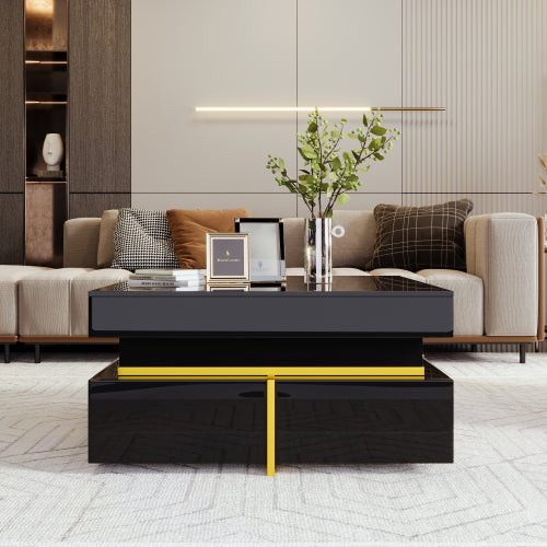 Glowhaus Onyx square coffee table in black high gloss with gold accents