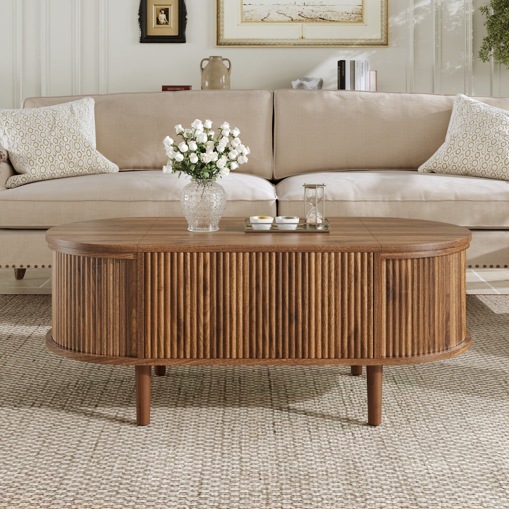 Glowhaus Hazel oval lift-top coffee table in walnut with fluted panels