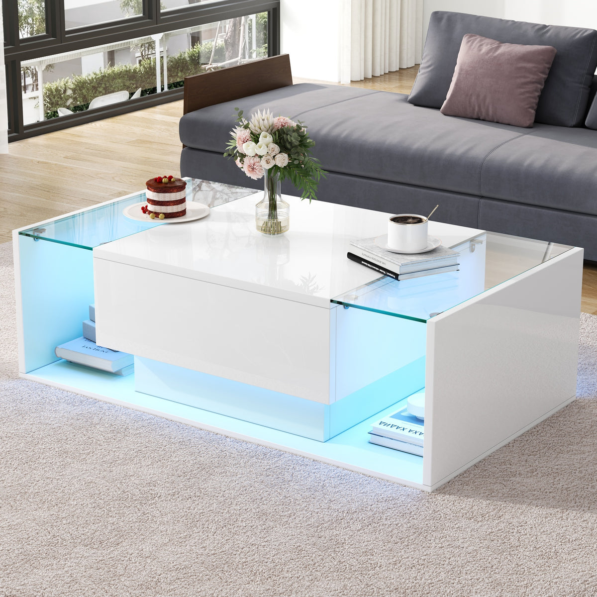 Glowhaus Aura LED coffee table in white high gloss with glass top