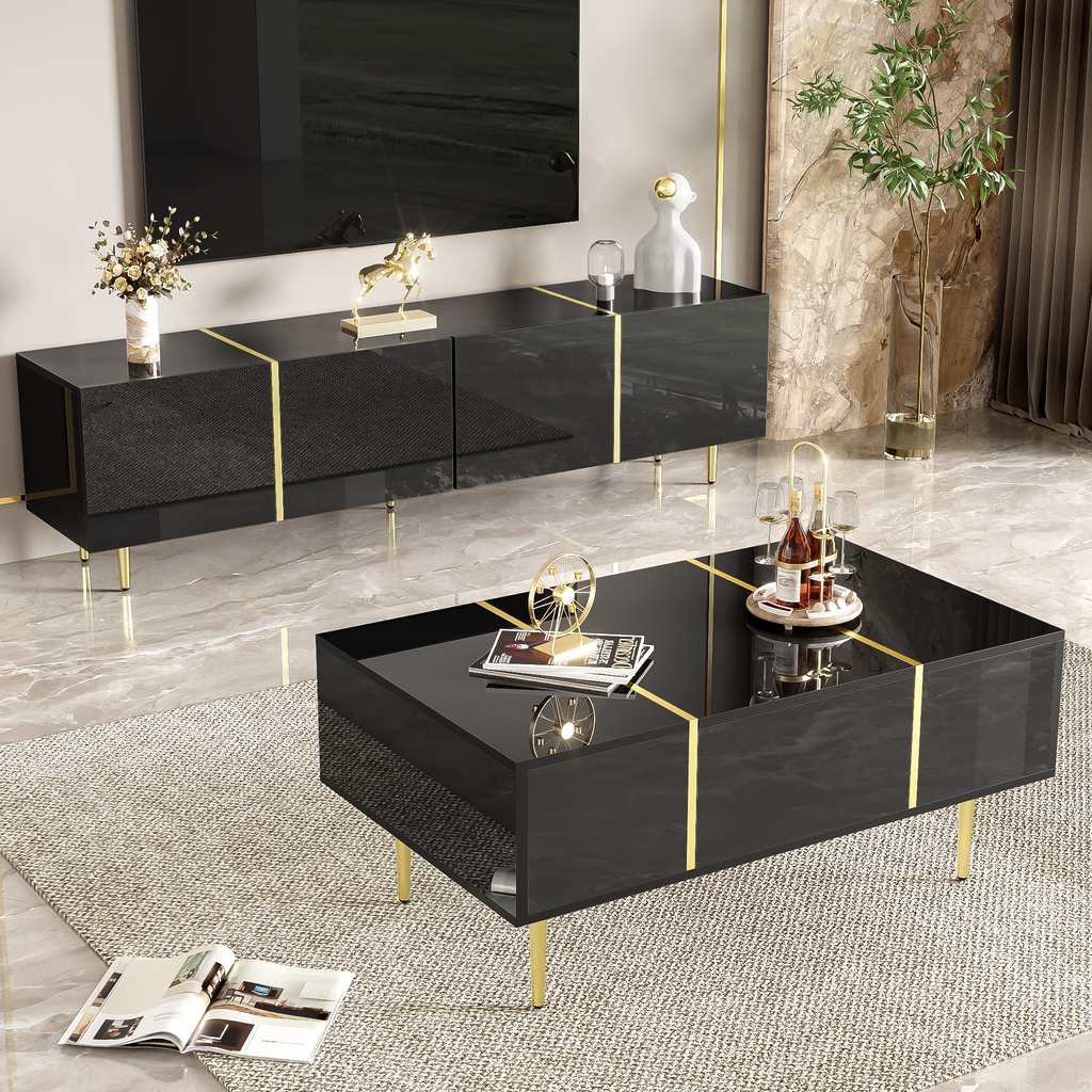 Glowhaus Noir black high gloss TV unit and coffee table set with gold accents