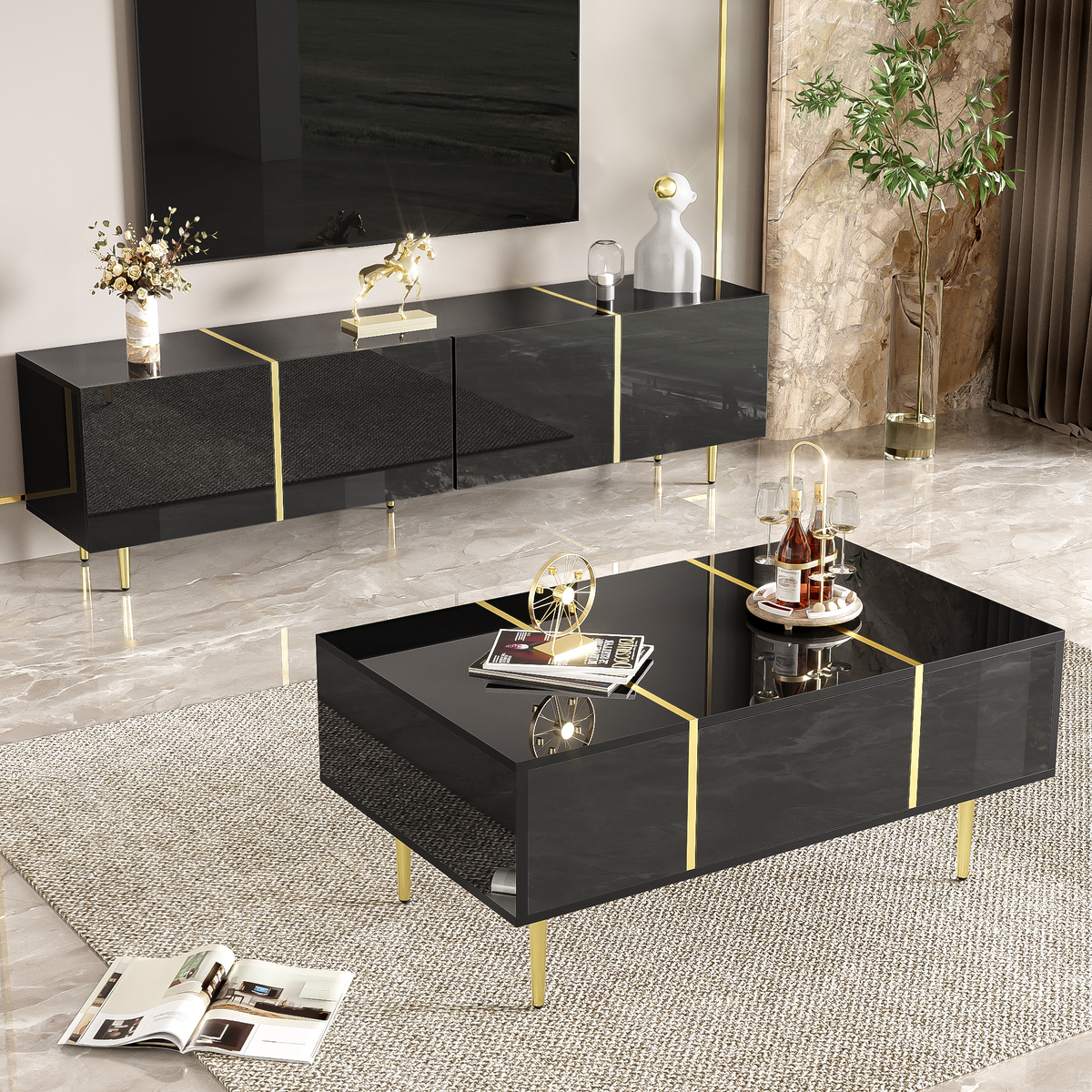 Glowhaus Noir black high gloss TV unit and coffee table set with gold accents