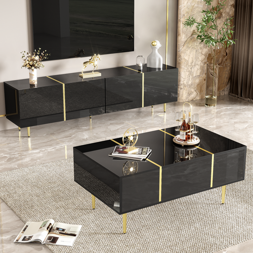 Glowhaus Noir black high gloss TV unit and coffee table set with gold accents