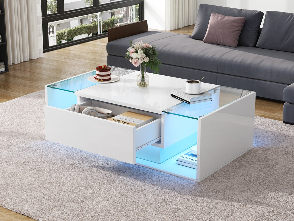Glowhaus Aura LED coffee table in white high gloss with glass top