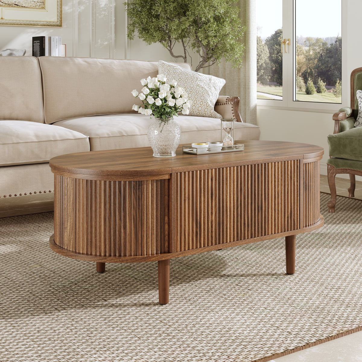 Glowhaus Hazel oval lift-top coffee table in walnut with fluted panels
