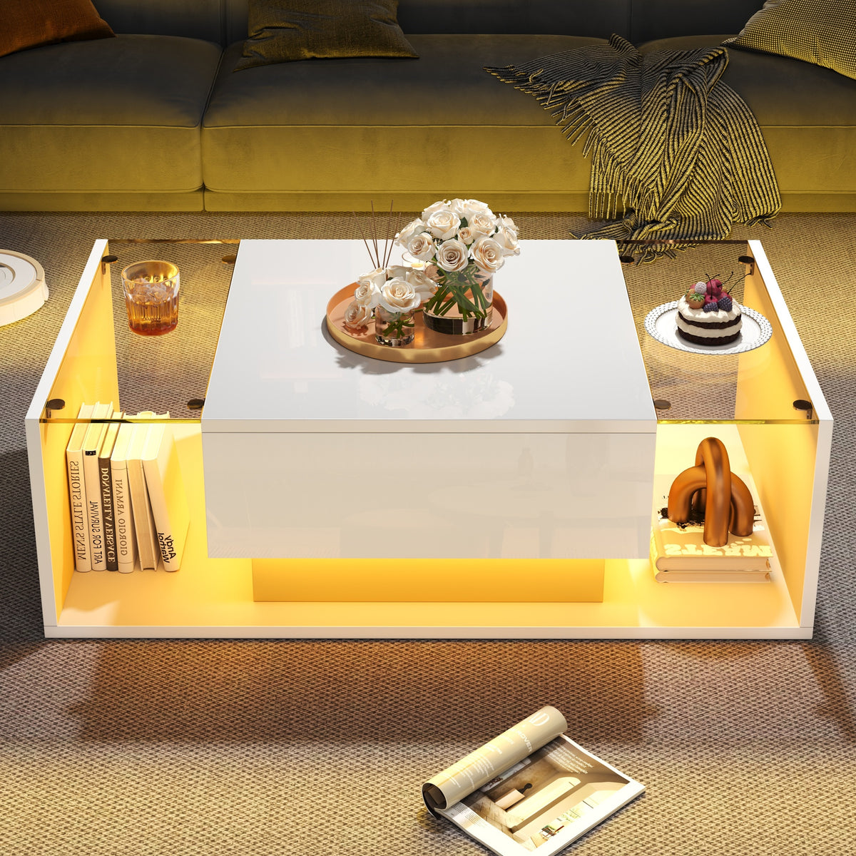 Glowhaus Aura LED coffee table in white high gloss with glass top