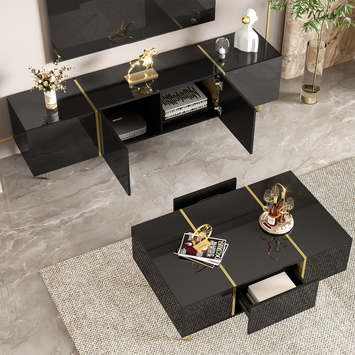 Glowhaus Noir black high gloss TV unit and coffee table set with gold accents