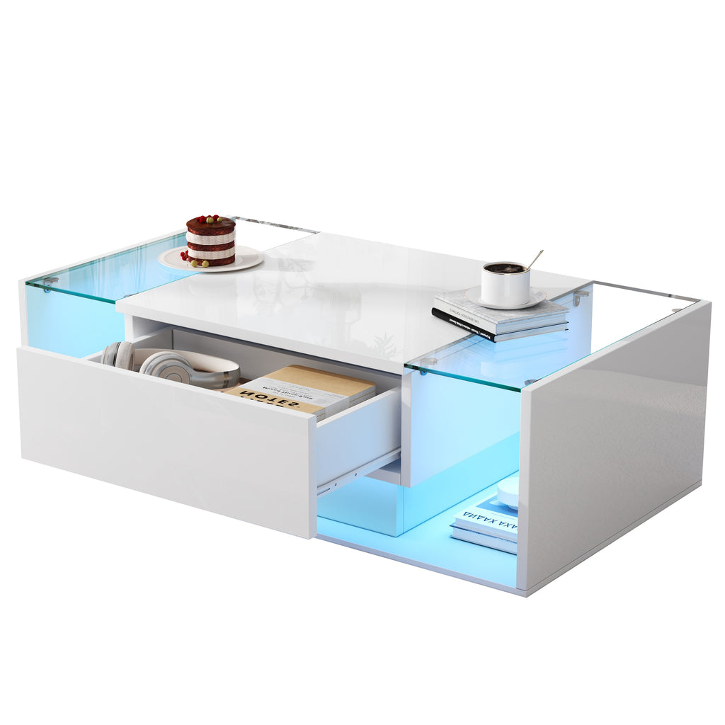 Glowhaus Aura LED coffee table in white high gloss with glass top